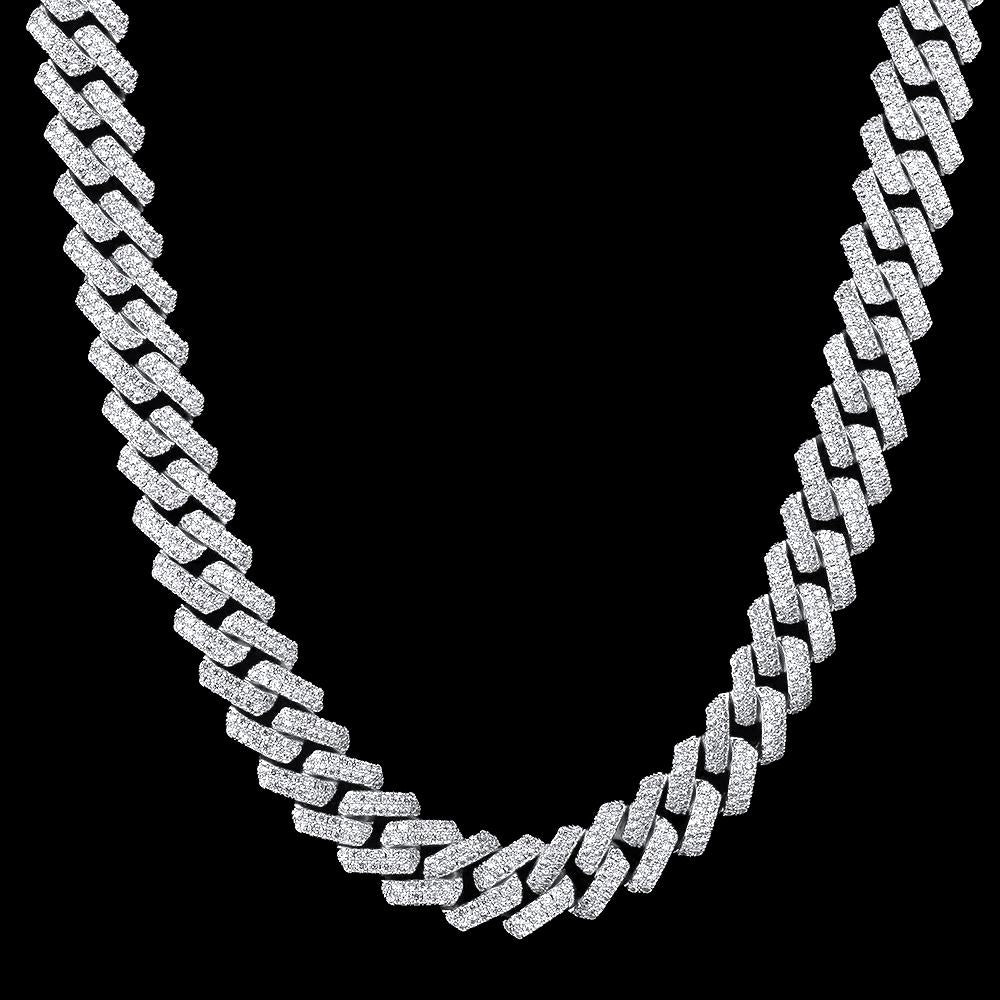 15MM DIAMOND PRONG LINK CHAIN - WHITE GOLD PLATED