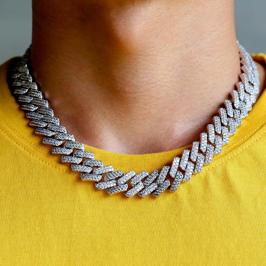 15MM DIAMOND PRONG LINK CHAIN - WHITE GOLD PLATED