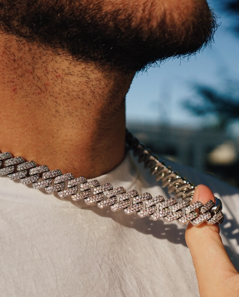 15MM DIAMOND PRONG LINK CHAIN - WHITE GOLD PLATED